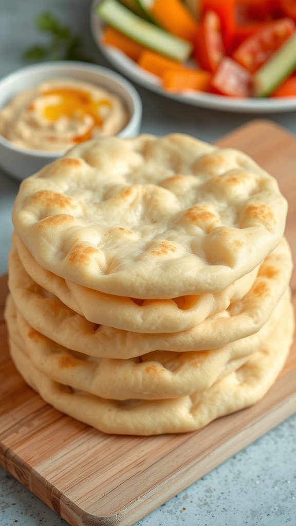 Freshly baked pita bread stacked on a wooden board with hummus and vegetables in the background.